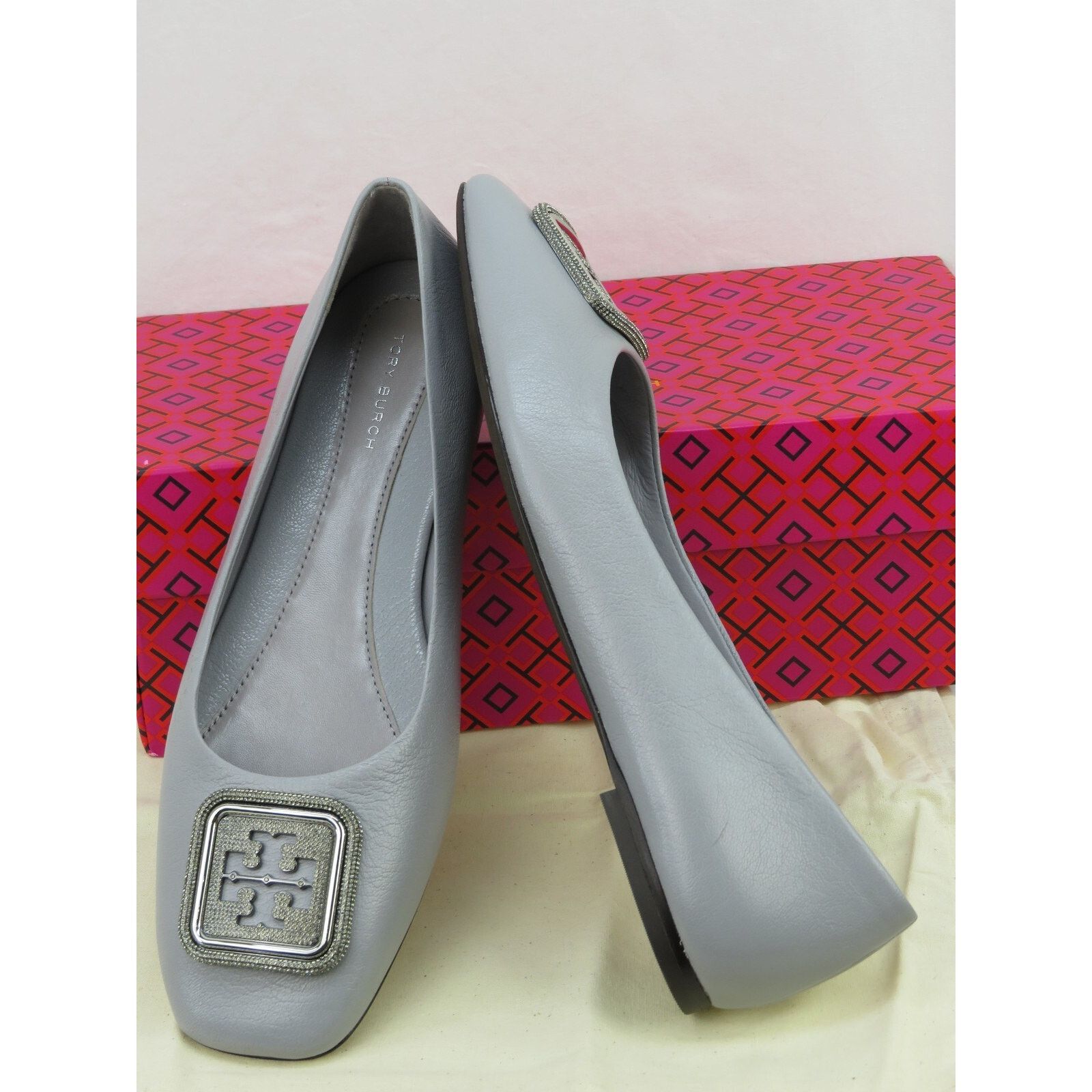 Tory Burch TORY BURCH GEORGIA GRAY LEATHER LOGO GRYSTALS REVA FLATS 8 Size US 8 / IT 38 - 9 Thumbnail