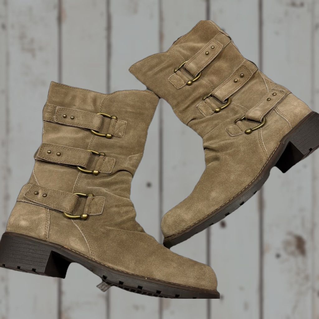 Clarks Boots Mid Calf Tan Suede Leather Side Zip 3 Strap Buckles 60935 Womens Size 8M
