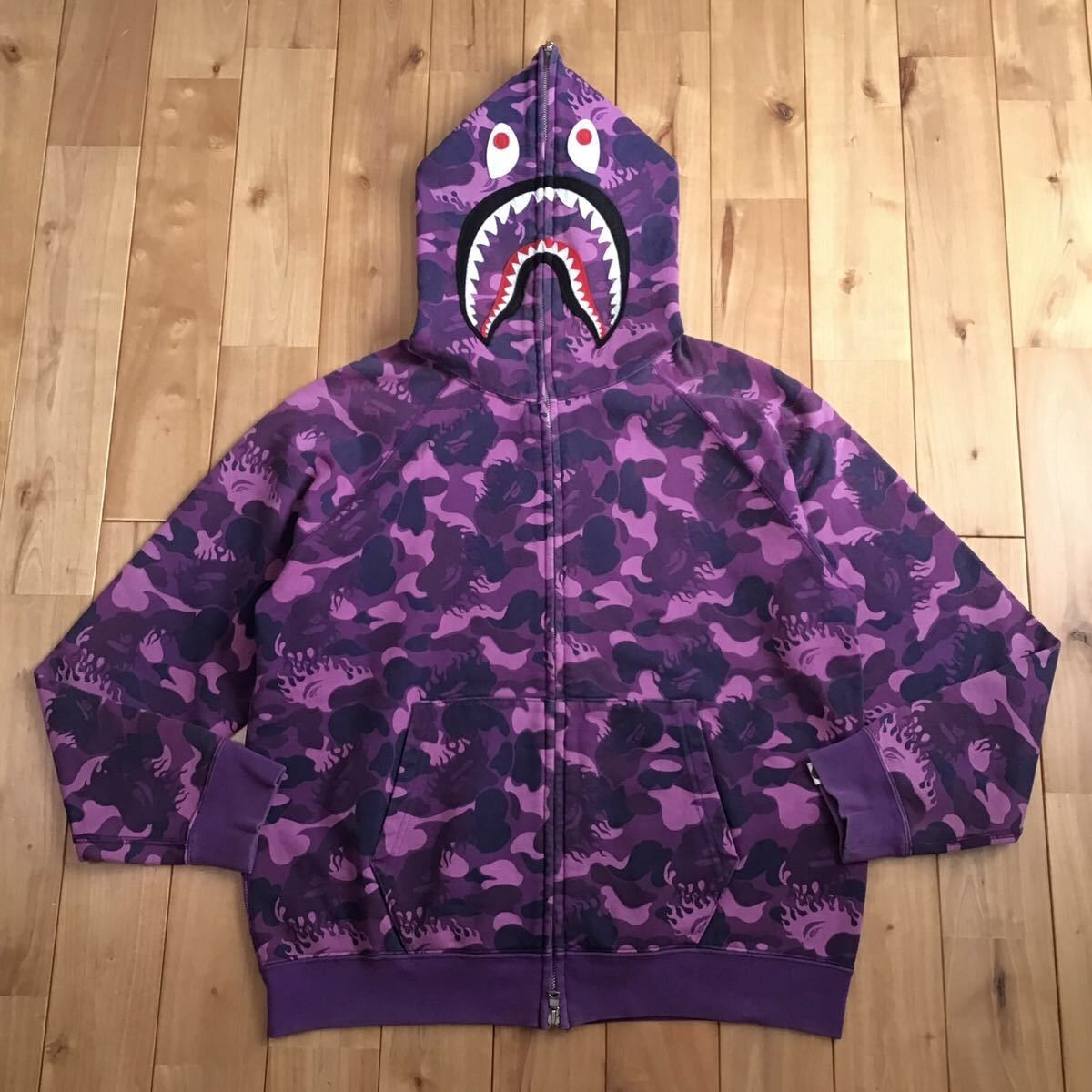 image of Mook Limited Bape Purple Fire Camo Shark Full Zip Hoodie in Purple Camo, Men's (Size Small)