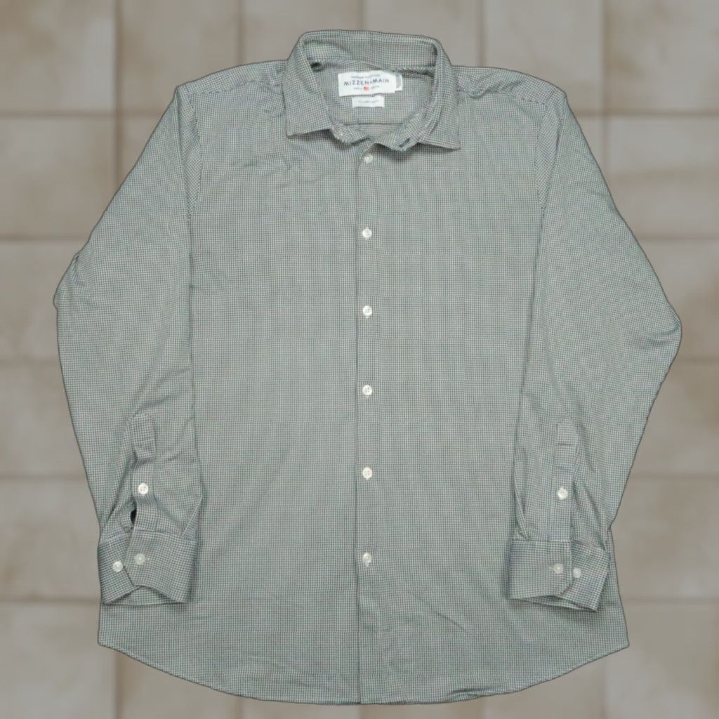 Mizzen+Main Shirt Mens 2XL XXL Slim Button-Up Long Sleeve Black White Gingham Trim Fit Check Pattern Wu?