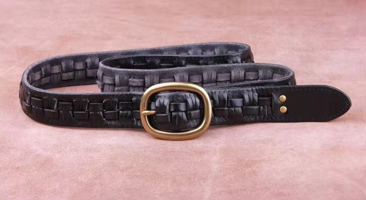 Leather × Vintage Handmade Leather Weave Copper Buckle Men's Belt Size ONE SIZE - 2 Thumbnail