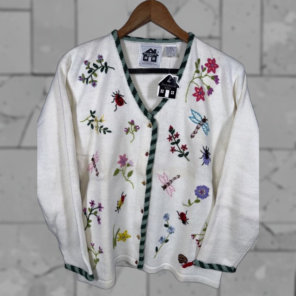 NWT Storybook Knits Embroidered Cardigan Sweater Multicolor Flowers & Bugs Teacher Womens S