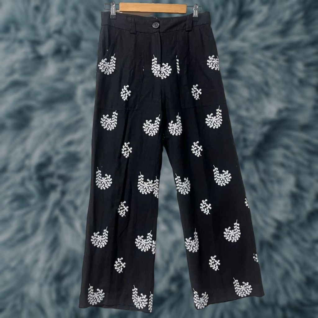 Elie Tahari ELIE TAHARI WOMENS PANTS Floral Embroidered Wide-Leg Linen Blend Size 30 Black Cropped Pockets Easy Care Regular 30 in Waist Vintage No Size 30" / US 8 / IT 44 - 1 Thumbnail