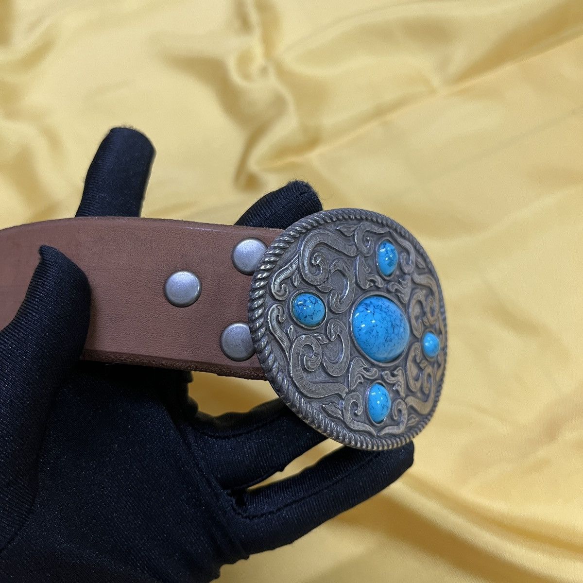 Vintage Rare Leather Studded Belt Gemstone Buckle Size 30 - 4 Thumbnail