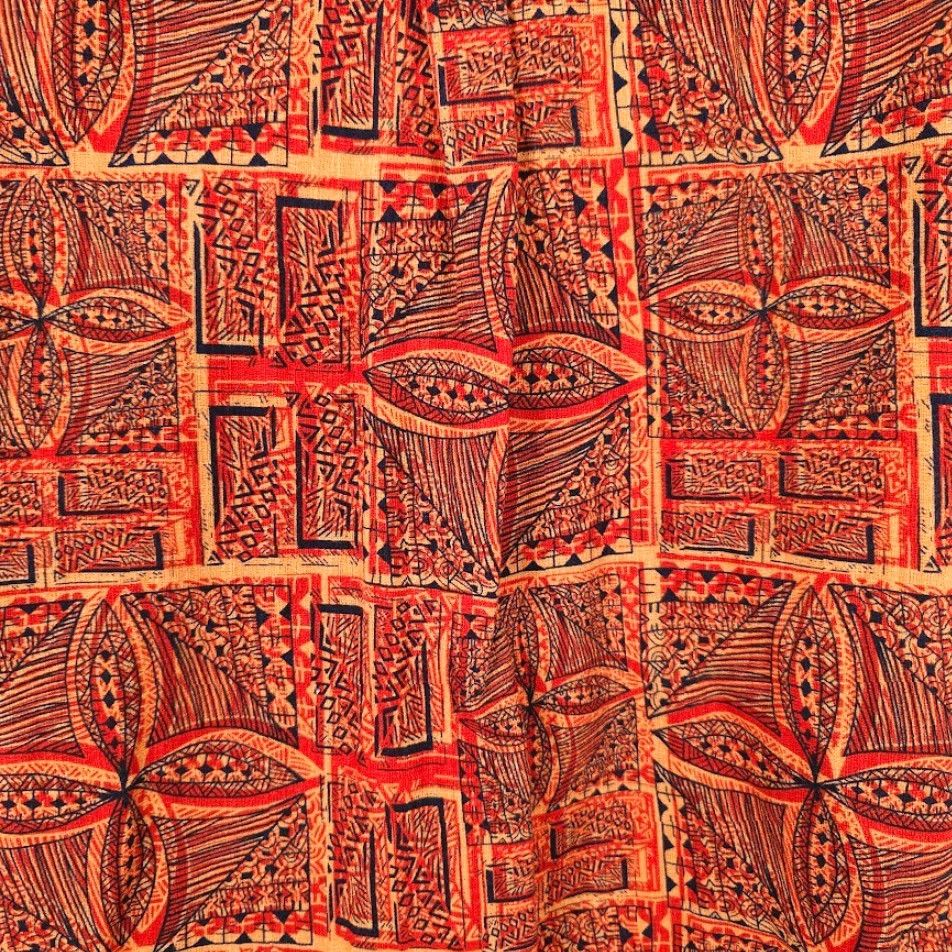 Vintage Tanoa Barkcloth Shirt Mens 2XL Orange All Over Print Abstract Camp Tiki Hawaiian Polynesian Geometric Button-Up Collar-Down Sleeves Short Nightlife? Size US XXL / EU 58 / 5 - 6 Thumbnail