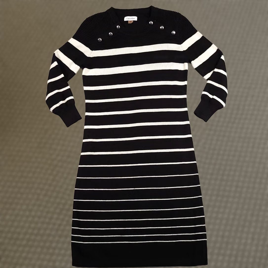 Calvin Klein Calvin Klein Sweater Dress PS Striped Black Knit 3/4 Sleeve Women Small Petite Knitted Knee Length Multicolor Striped Calf? Size S / US 4 / IT 40 - 1 Thumbnail