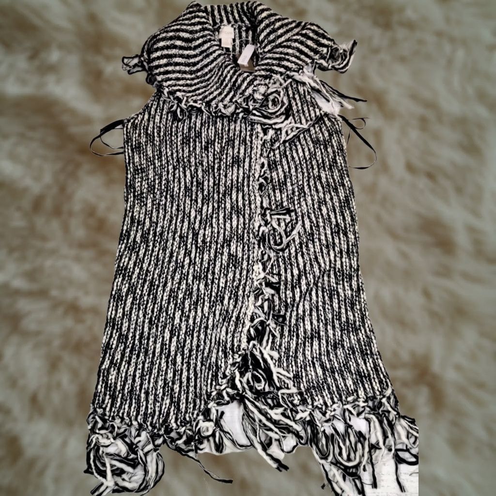 Vintage Chico's Sweater Vest Shirt Women S Black Fringe Open Front Striped Knit Wool Blend Vest Size S / US 4 / IT 40 - 1 Thumbnail