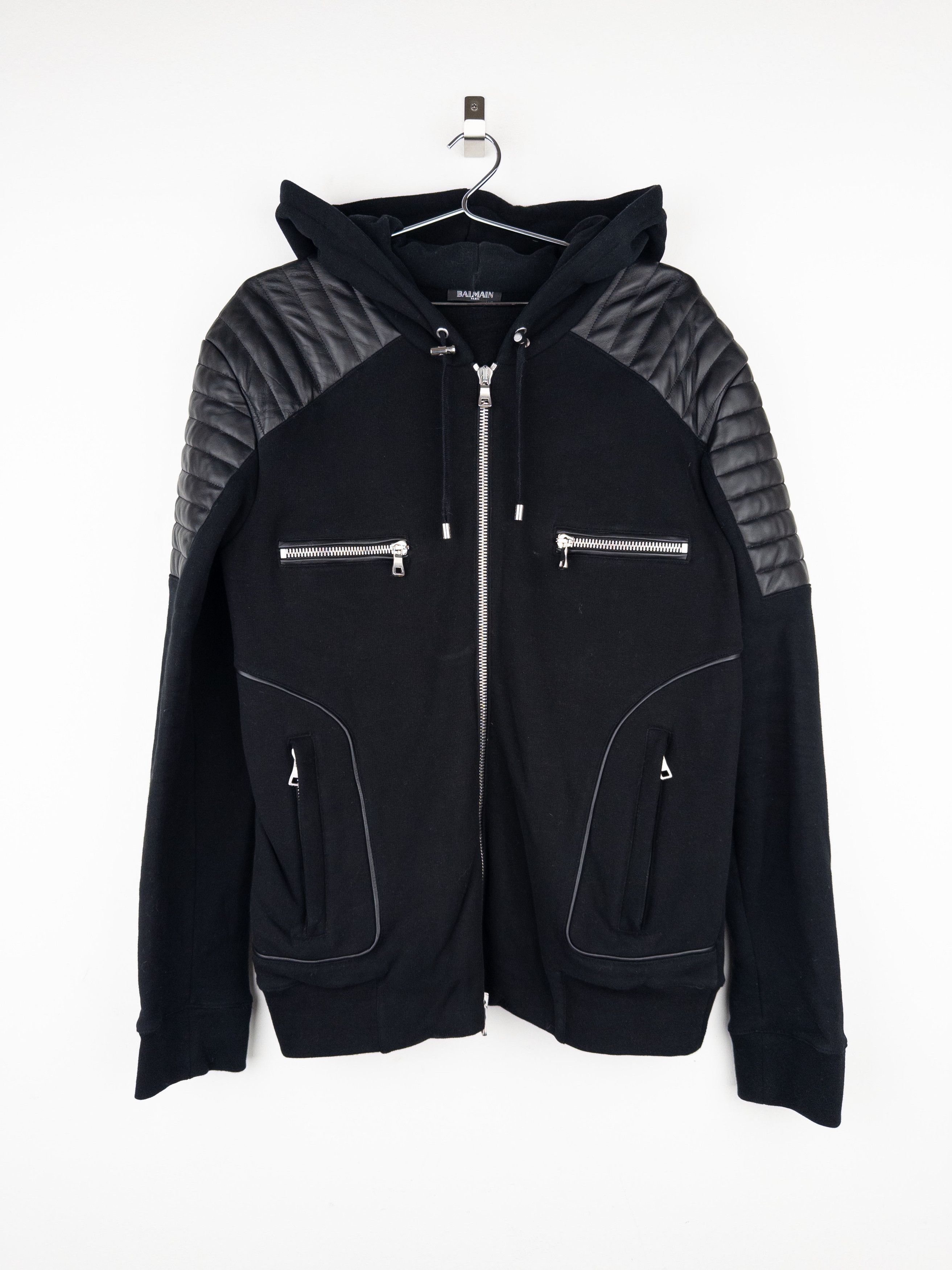 Balmain by Olivier Rousteing 2010s Leather Biker Zip-Hoodie Size US XL / EU 56 / 4 - 1 Thumbnail