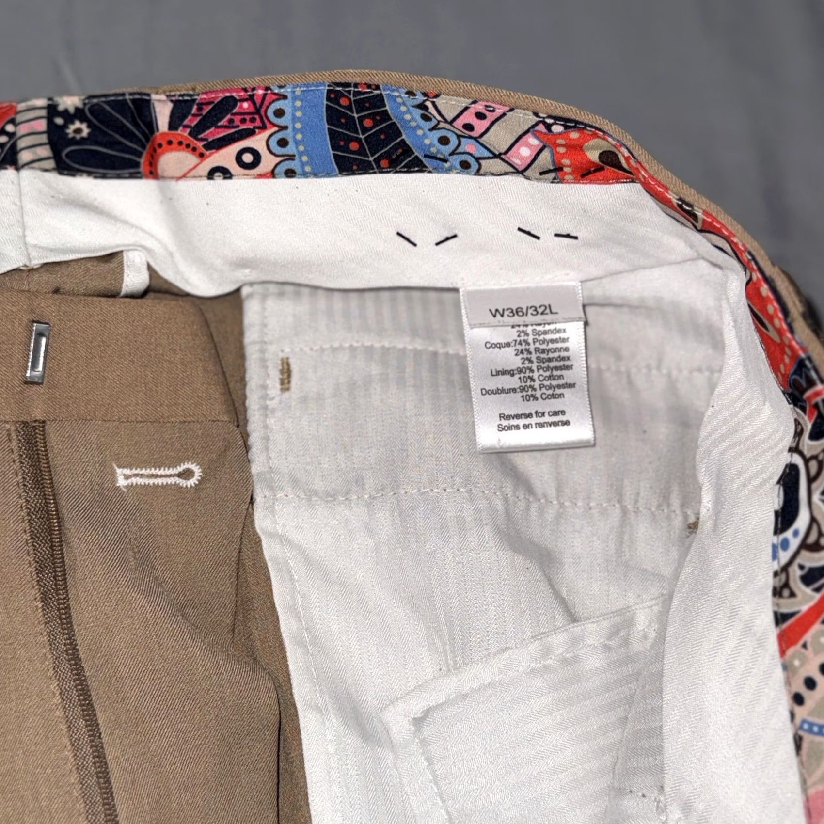 Vintage Paisley & Gray Pants Mens 36x32 Beige Slim Fit Dress Stretch Chino Casual Dress Pants Slim Front Pockets Mens Beige Spring 36x32 Size US 36 / EU 52 - 3 Thumbnail