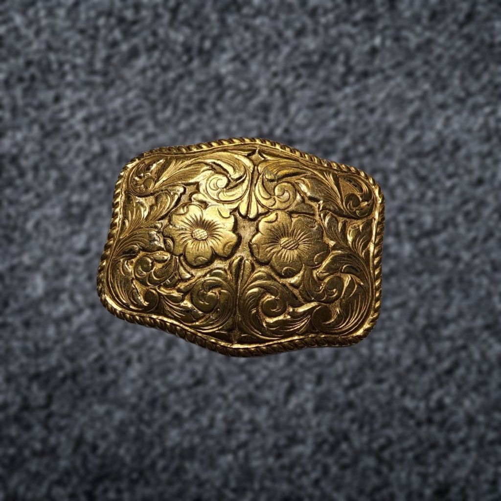 Vintage VINTAGE Crumrine Belt Buckle Floral Western Goldtone Belt Buckle Men Adult Gold Tone Floral Pattern 1980s Western Cowboy Jewelry Size ONE SIZE - 1 Thumbnail