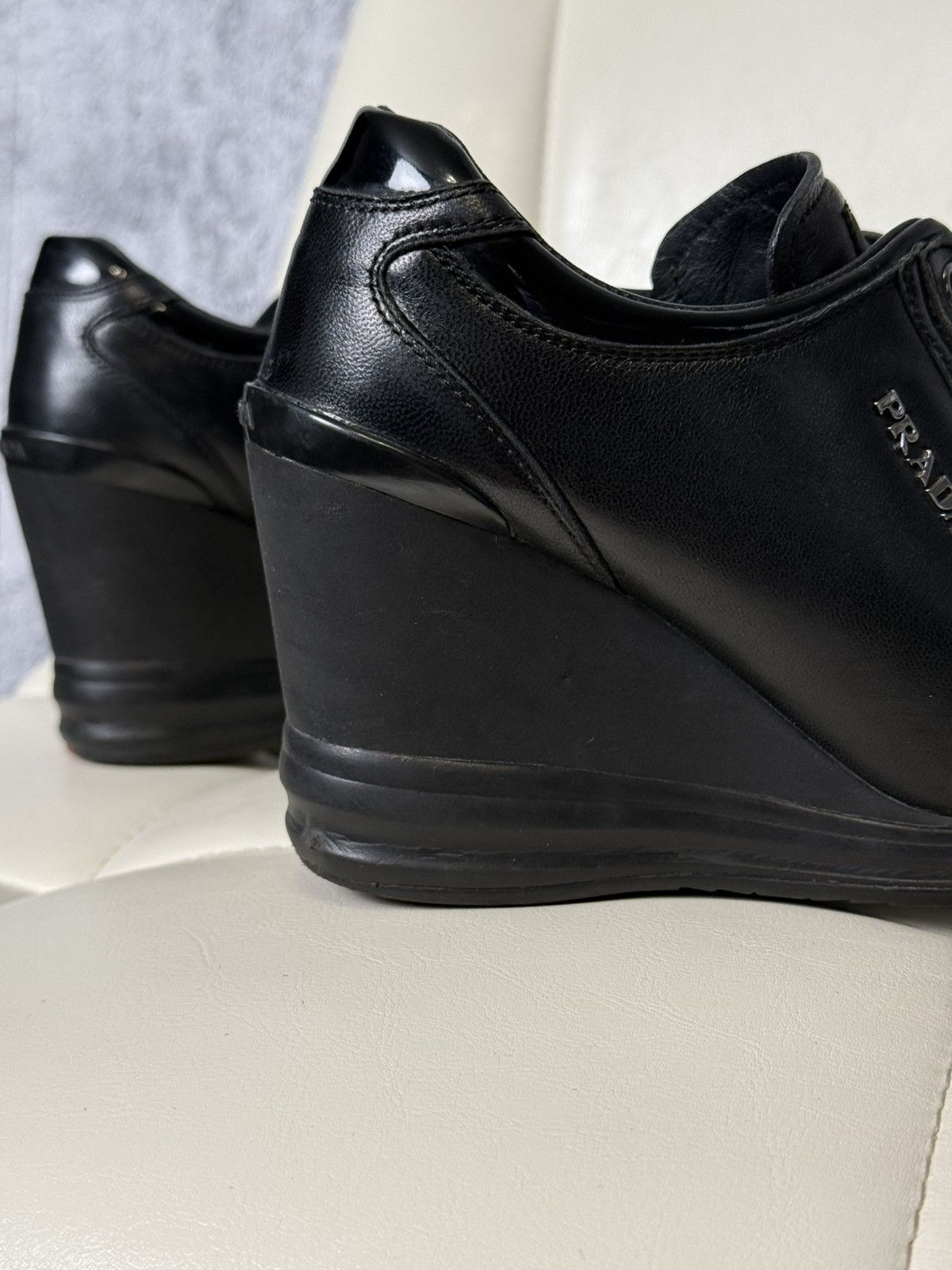 Prada PRADA Wedge Sneakers Black Leather Womens Platform Shoes Size US 6.5 / IT 36.5 - 12 Thumbnail