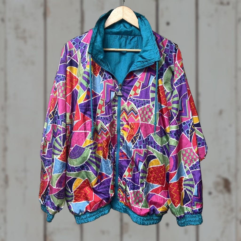 Altea Womens XL Nylon Jacket 1980’s Vintage Casual Isle Reversible Print Teal Zip Size XL / US 12-14 / IT 48-50 - 1 Thumbnail