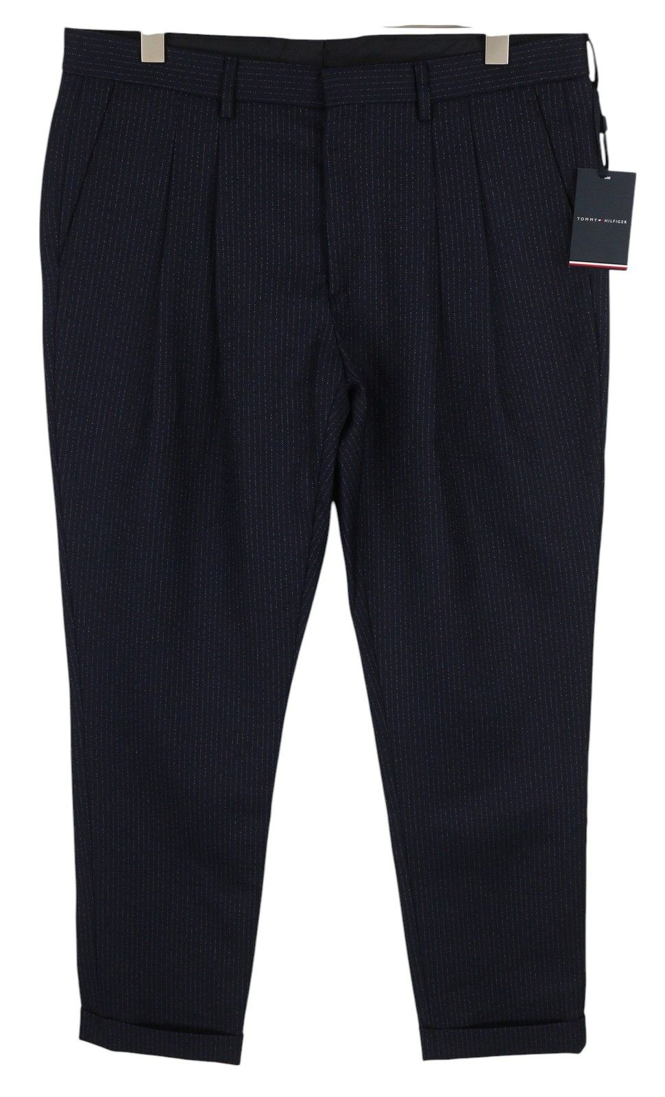 WAVE PINSTRIPE W32 Blue Wool Blend Pleated Leg Pants 85344
