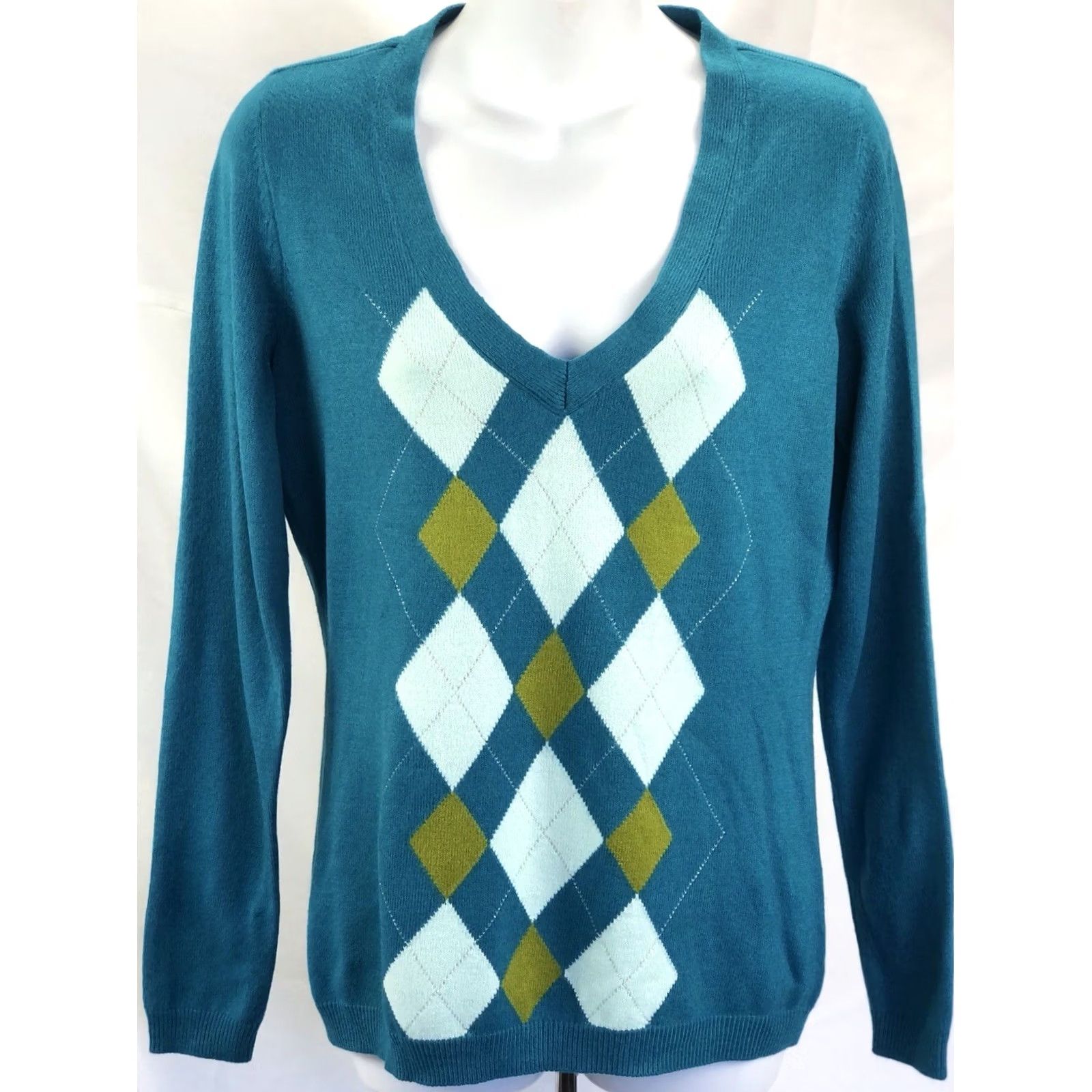 CO VINTAGE NYC Sweater Teal Argyle V-Neck Long Sleeve Pullover 90s Y2K Preppy Womens M Size M / US 6-8 / IT 42-44 - 5 Thumbnail