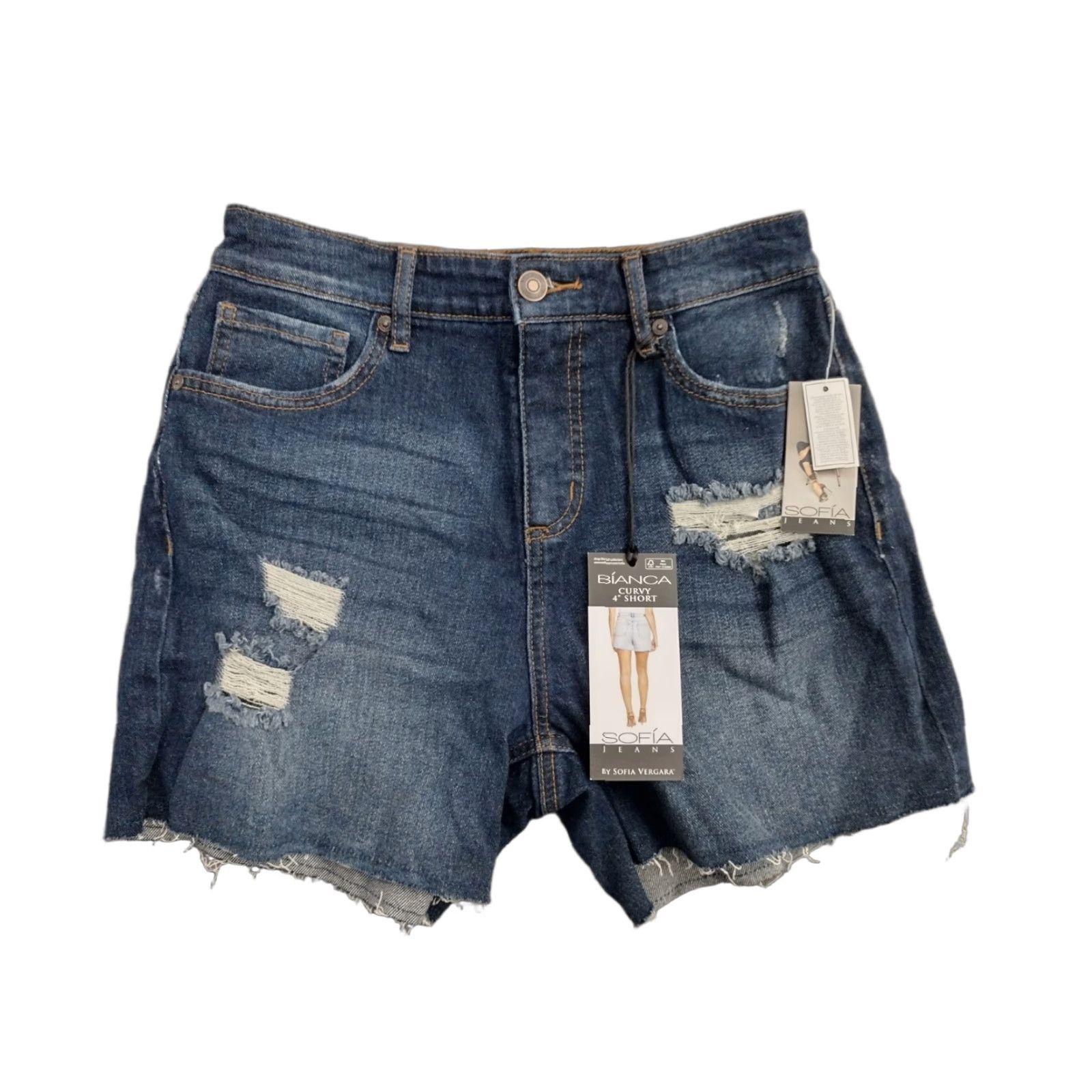 Vintage Sofia Vergara Sofia Jeans Short Dark Distressed 4" High Rise 3 Inseam 5-Pocket Denim Cotton Blend 26 Waist 4 Dark Blue Womens Vintage No Shirt/Top? Size 27" / US 4 / IT 40 - 1 Thumbnail