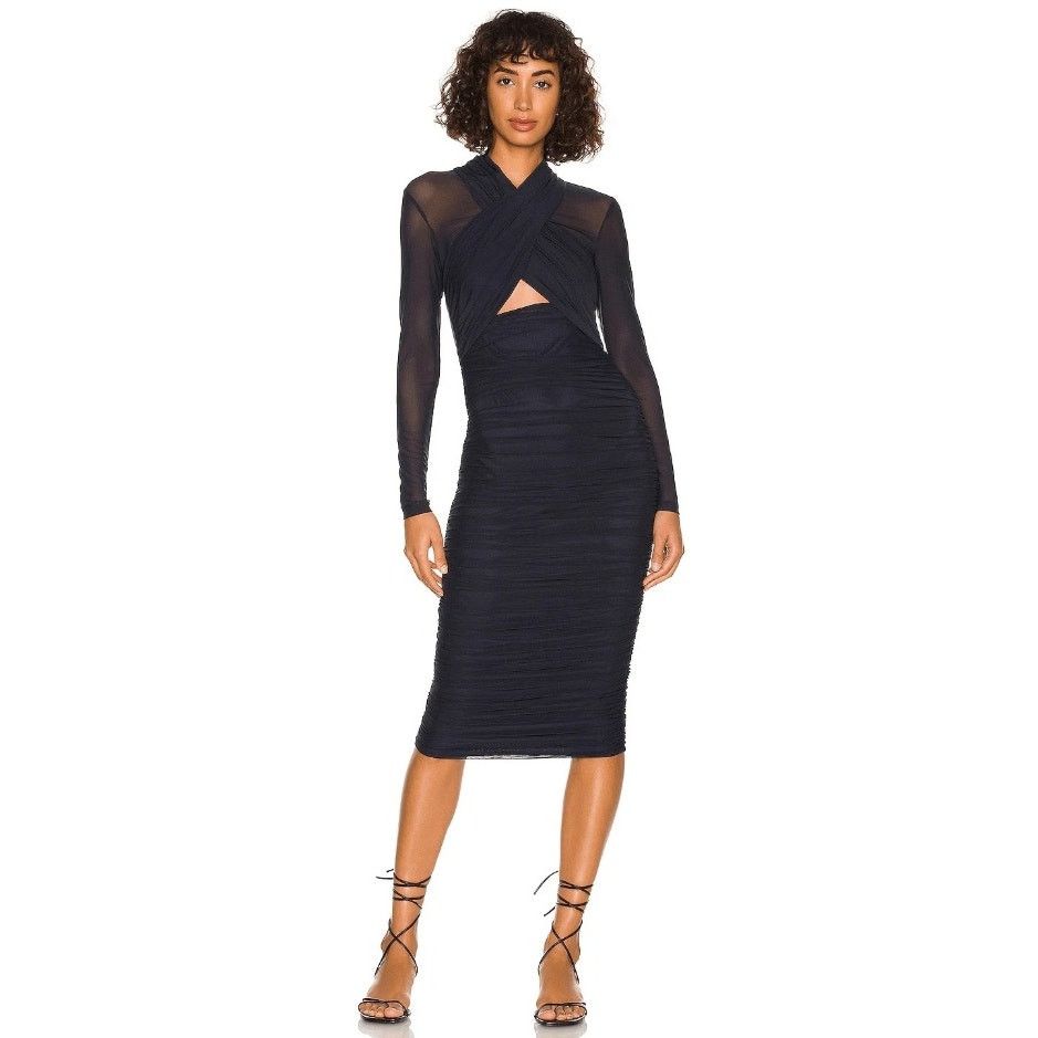 Bardot Women Navy Mesh Aliyah Midi Bodycon Dress Size XS