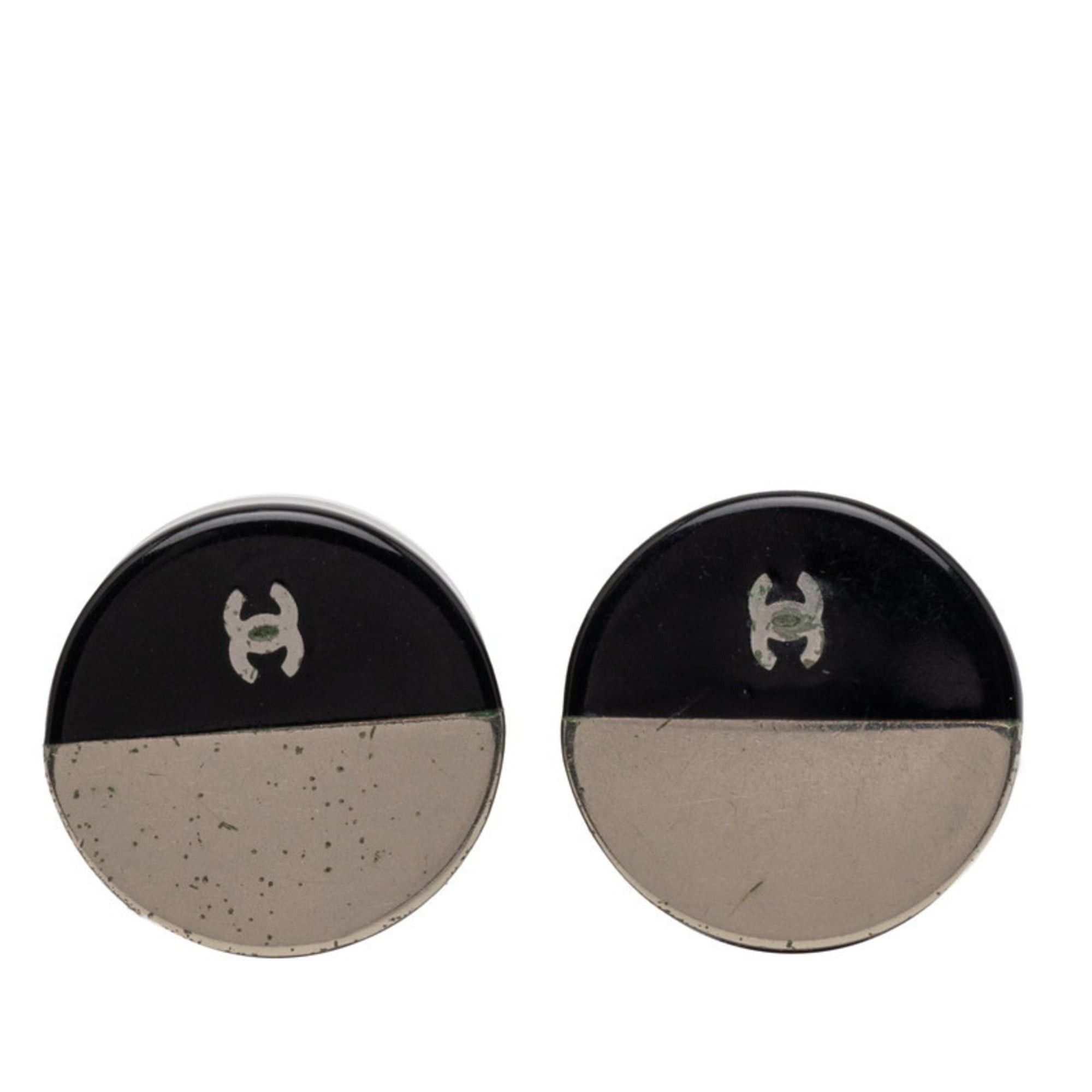 Chanel CHANEL Coco Mark Two-Tone Earrings in Black and Silver Metal with Enamel, Women's Size ONE SIZE - 1 Thumbnail