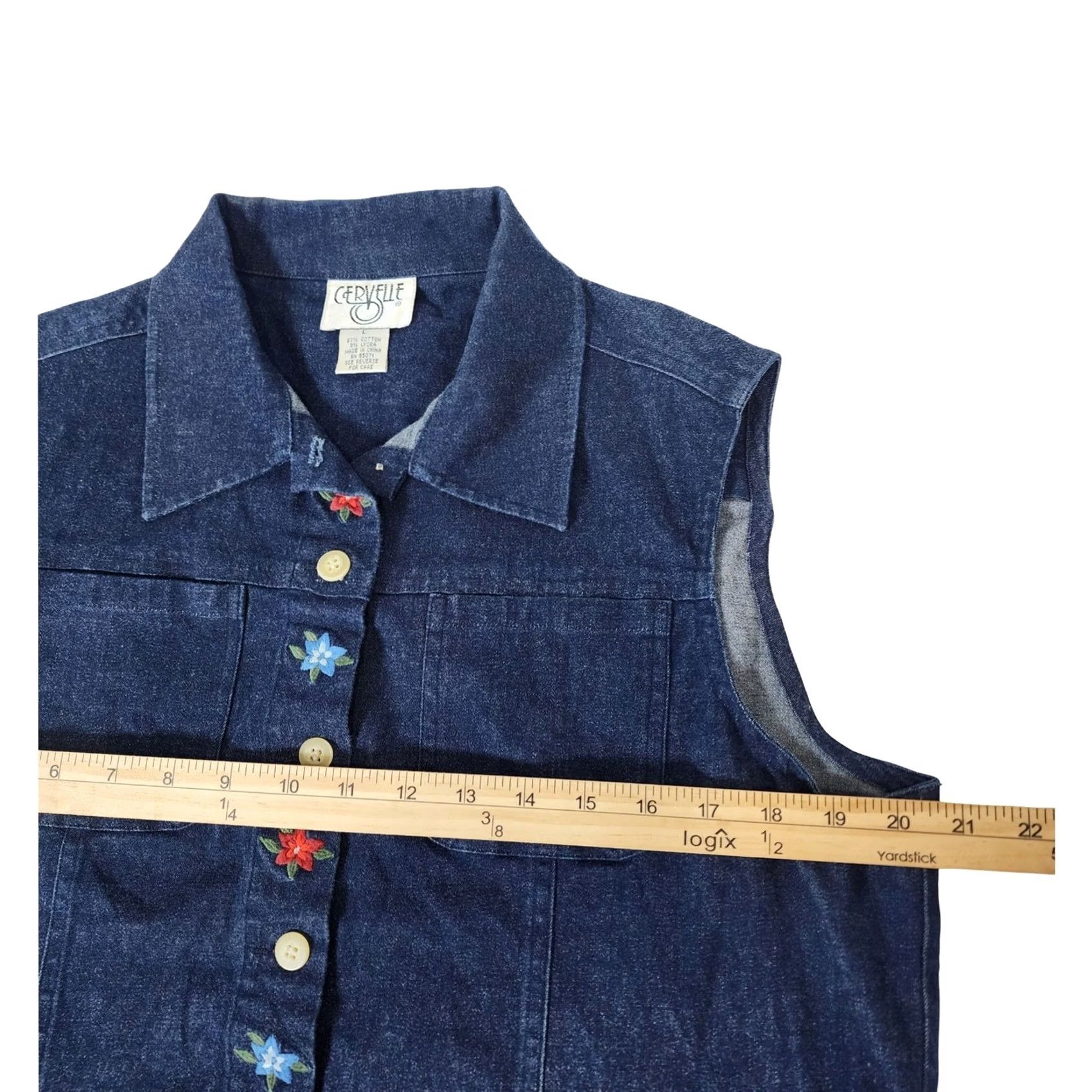 Denime VINTAGE Cervelle Denim Vest Womens Floral Embroidered Button Medium L Blue 90s Size L / US 10 / IT 46 - 5 Thumbnail