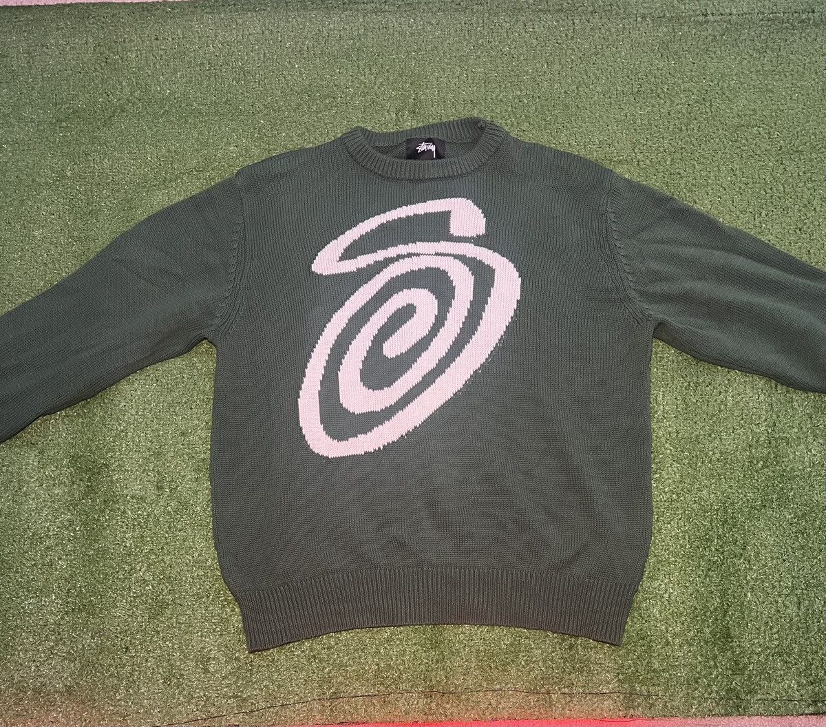 Vintage Stussy Curly S logo green knit Sweater | Grailed