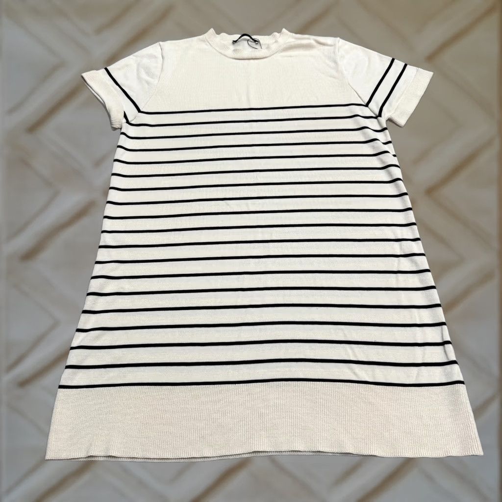 Zara Zara Midi Shift Dress Womens XL Beige Black Crew Knit Short Sleeve Striped Size 40" / US 18 - 1 Thumbnail