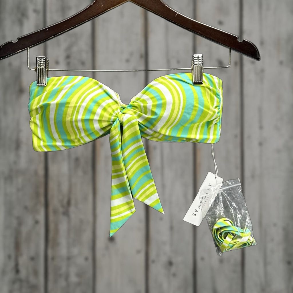 Vintage Seafolly Women's Tie Front Bandeau Bikini Top 6 AU Lime Green Geometric 70s 80s 90s Swimsuit Size M / US 6-8 / IT 42-44 - 1 Thumbnail