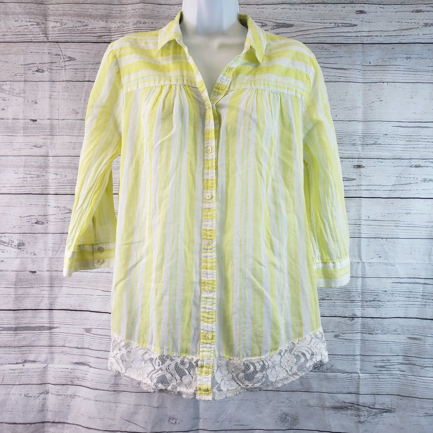 Vintage Edme & Esyllte Womens Button Front Top Sz 10 Yellow White Stripes 3/4 Sleeve Shirt Casual Womens Size L / US 10 / IT 46 - 2 Thumbnail
