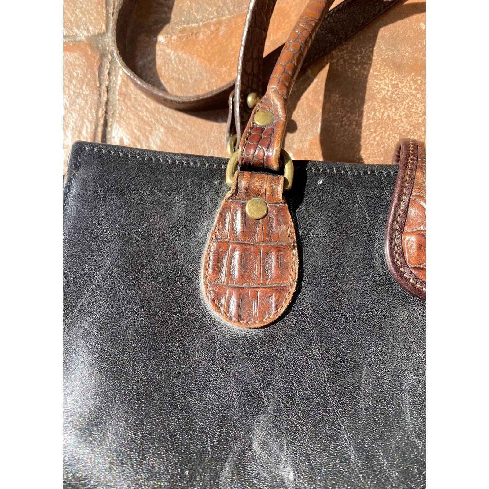 BRAHMIN VINTAGE Brahmin Shoulder Bag Cross Body Leather Tote Handbag Purse Black Ladies Medium Bag Charm Brown Croc Leather Size ONE SIZE - 7 Thumbnail