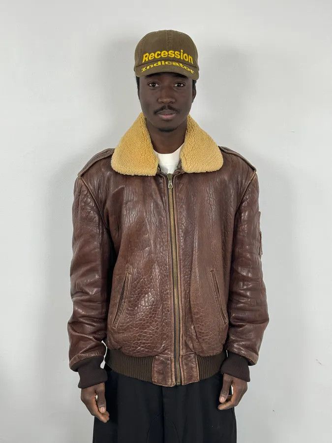 Vintage 1990s Archive Brown Fur Collar Aviator Bomber Leather Jacket Size US M / EU 48-50 / 2 - 2 Thumbnail