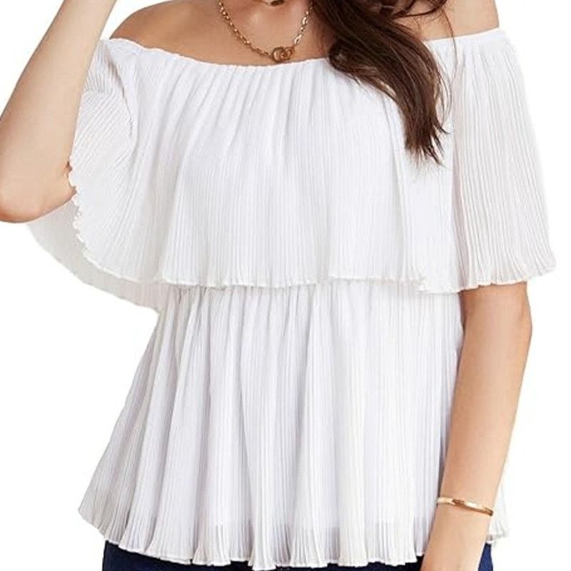 Express Express Pleated Sheer Off The Shoulder Peplum Top White Size M / US 6-8 / IT 42-44 - 1 Thumbnail