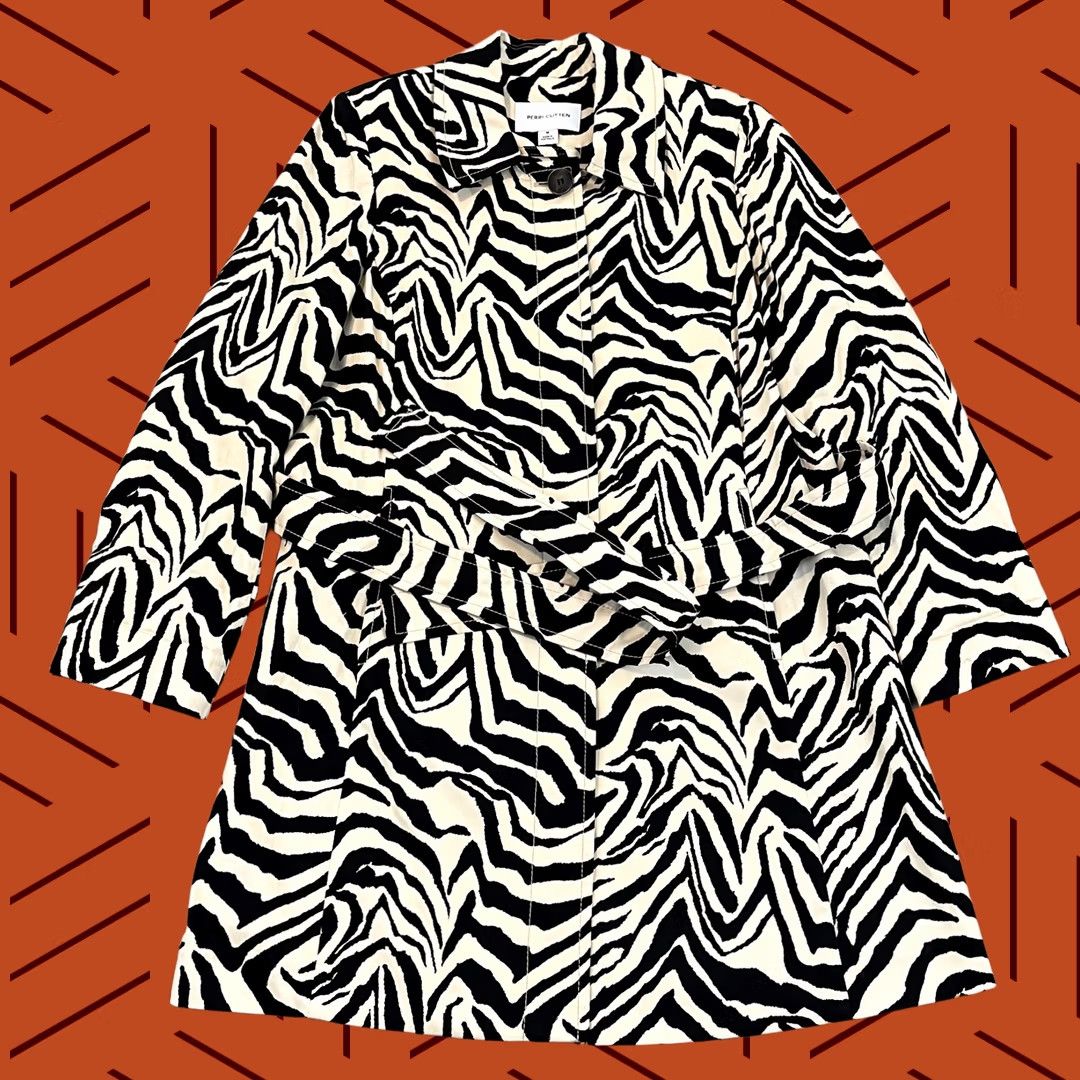 Vintage PERRI CUTTEN Women Medium Brown Black Zebra Long Overcoat Tie Wrap Collared Coat Size M / US 6-8 / IT 42-44 - 1 Thumbnail