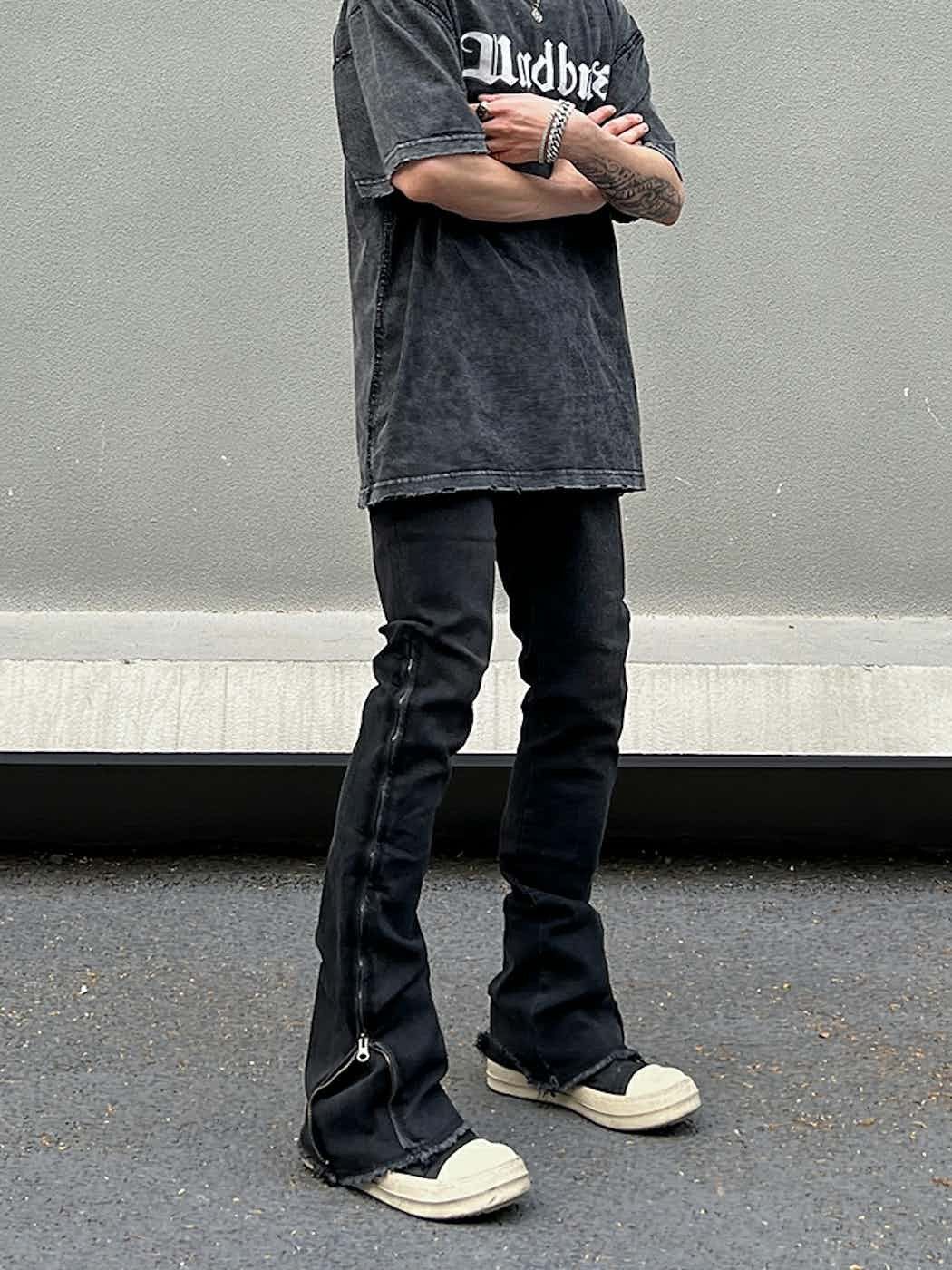 distressed faded zipper grunge flared jeans