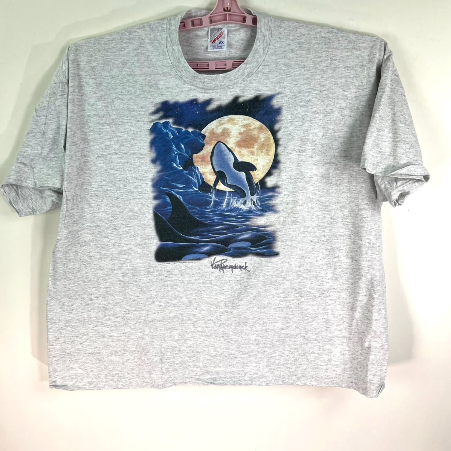 Jerzees VINTAGE Jerzees 2XL T-Shirt Gray Graphic Orca 90s Eric Van Raemdonck Art Limited Edition Mens Size US XXL / EU 58 / 5 - 2 Thumbnail