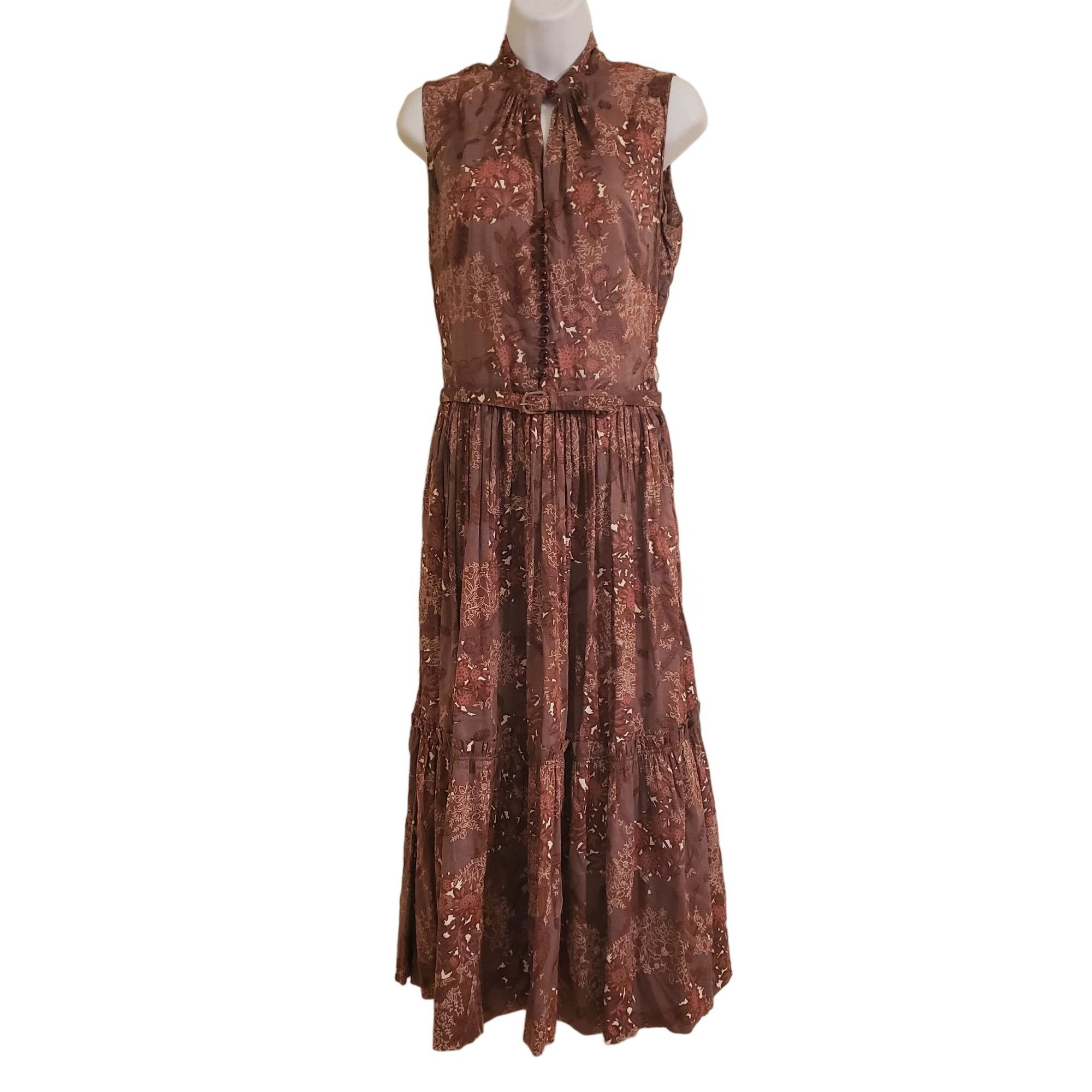 image of Vintage L'aiglon 14 Brown Floral Sleeveless Belted Dress Key, Women's (Size XL)