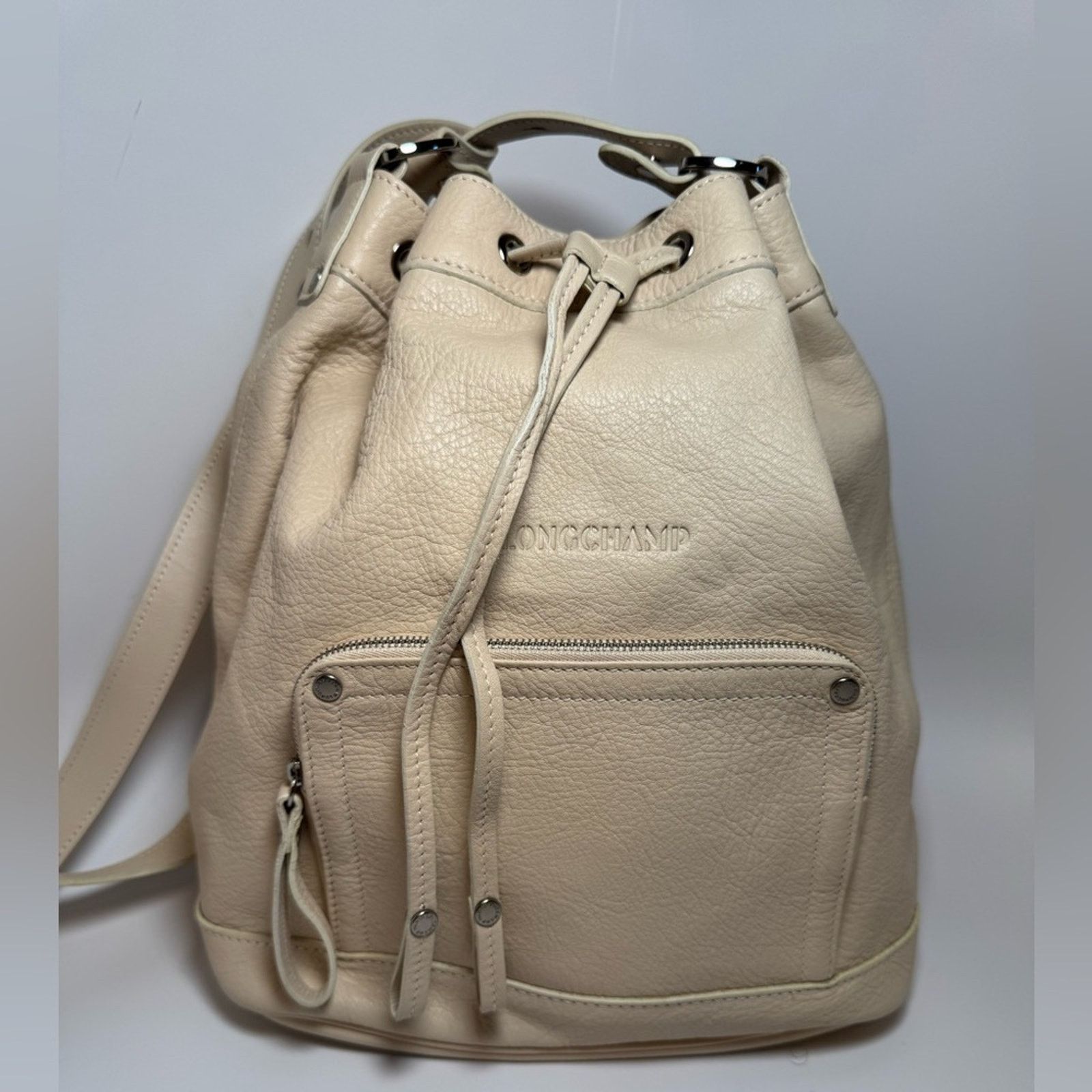 Longchamp Longchamp Drawstring Bucket Bag Crossbody Cream Leather Bag Size ONE SIZE - 1 Thumbnail