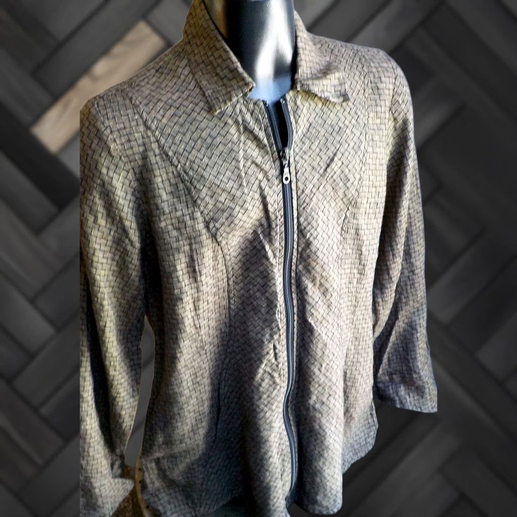 FLAX Flax by Jeanne Engelhart Black Tan Linen Jacket Pockets Zip Front M Womens Size 32" / US 10 / IT 46 - 1 Thumbnail