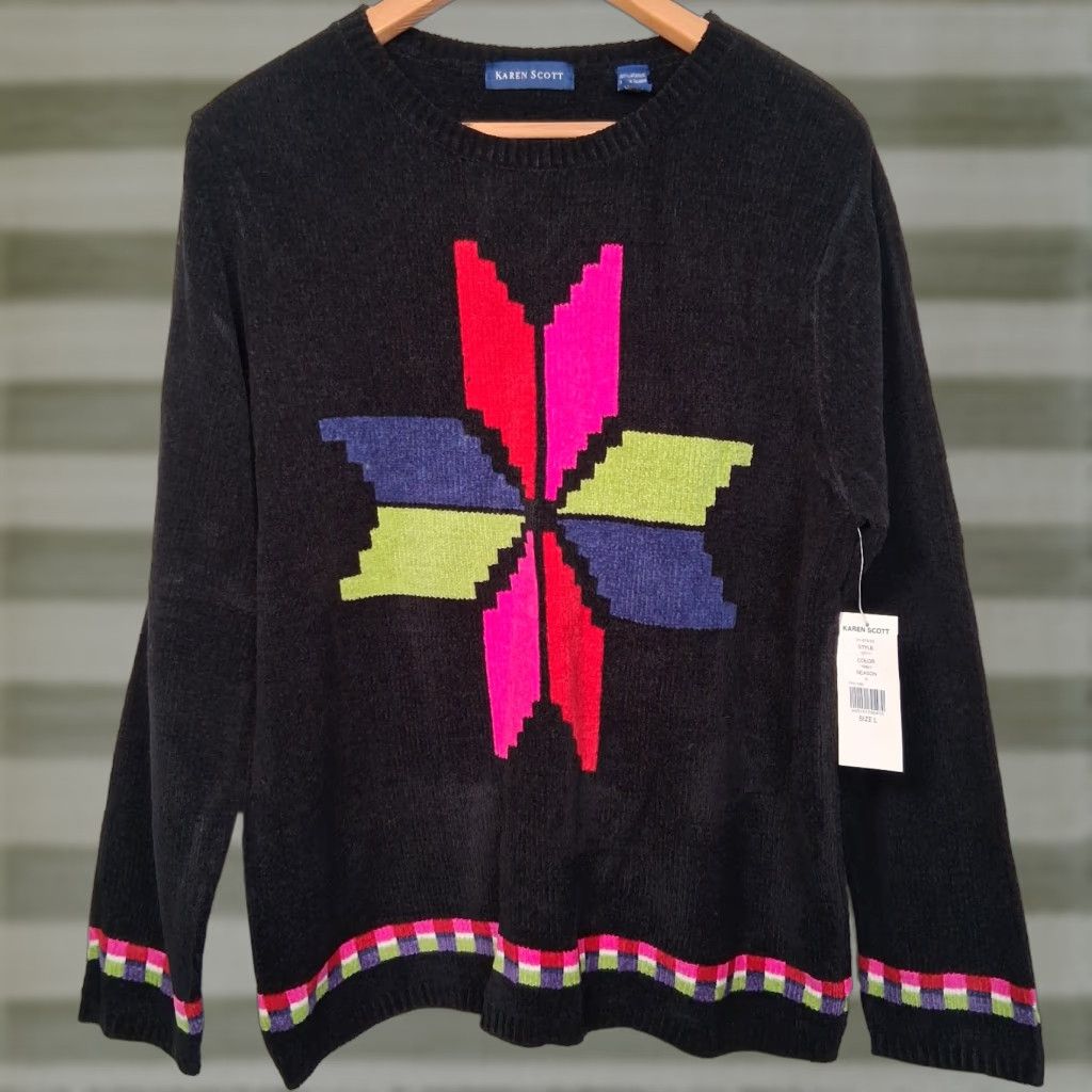 Vintage VINTAGE Karen Scott Sweater Black Quilt Star Knit Pullover NOS Y2K New St Size L / US 10 / IT 46 - 1 Thumbnail