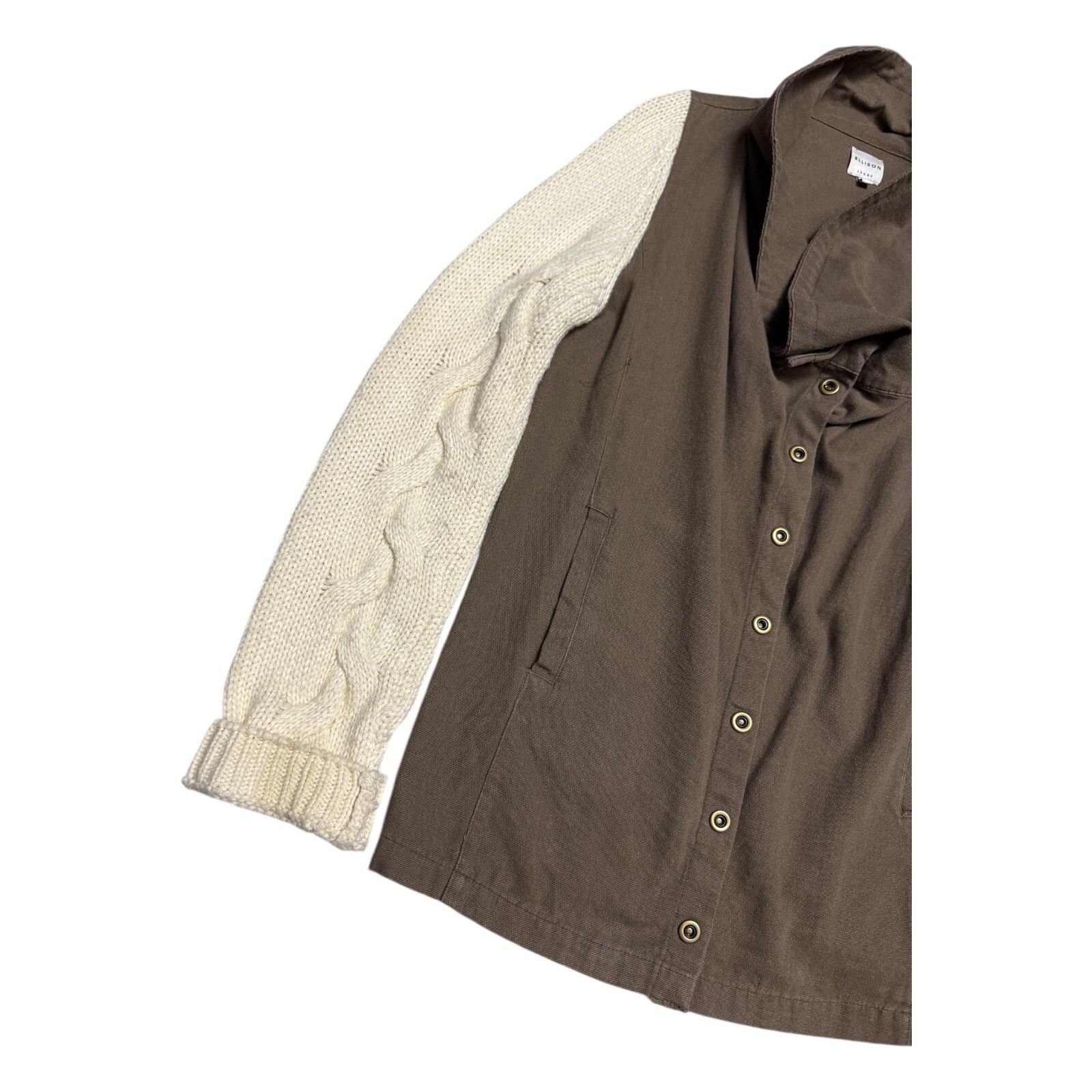 Designer ELLISON Khaki Knit Sleeve Casual Sweater Jacket Shacket L Size L / US 10 / IT 46 - 4 Thumbnail