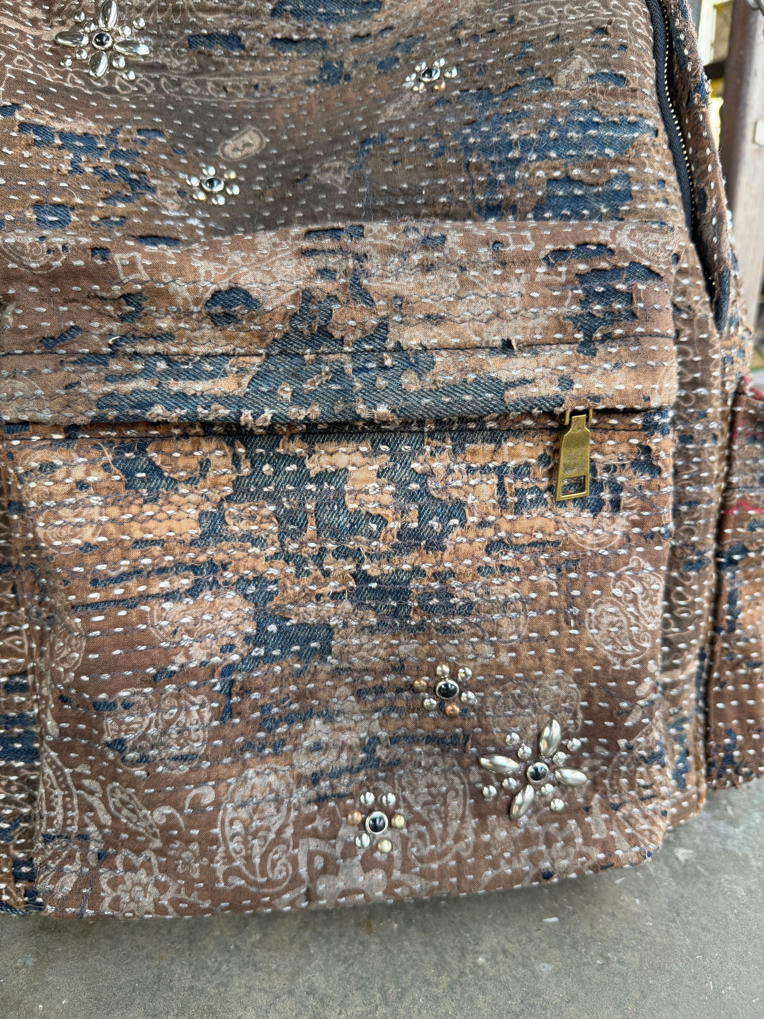 Japanese Brand BORO SASHIKO Studded FLOWER Backpack 🕷️🕸️ Size ONE SIZE - 7 Thumbnail
