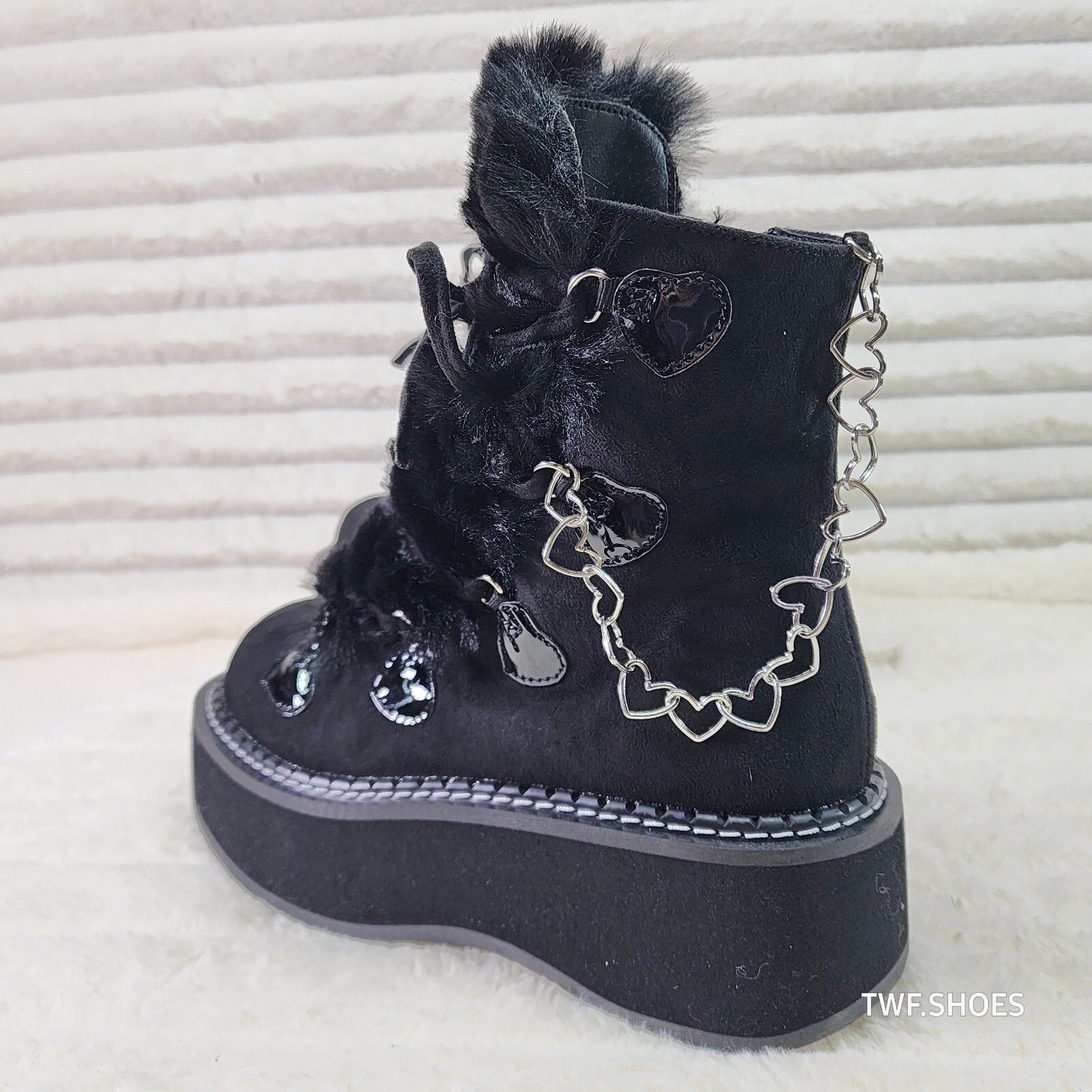 Other Emily Black Furry Heart Chain Goth 2" Platform Ankle Boots 5 Size US 10 / IT 40 - 3 Thumbnail