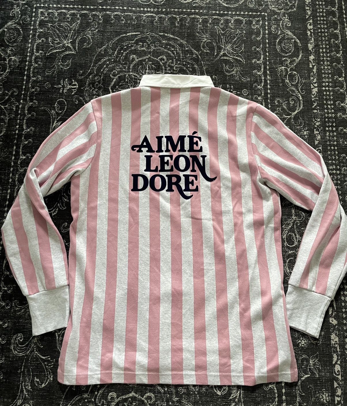 image of Aime Leon Dore Striped 70's Flock Print Rugby Pink Grey M, Men's (Size Medium)