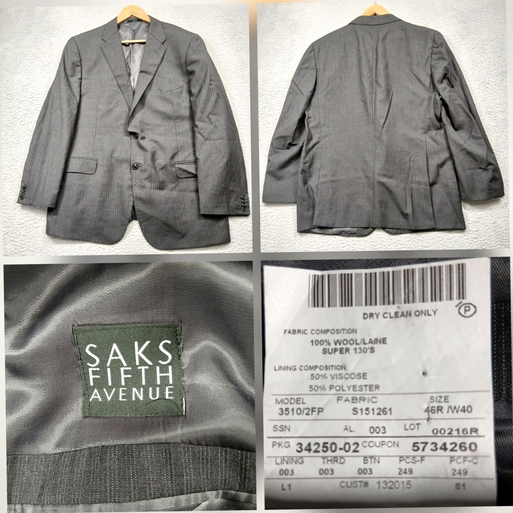 Saks Fifth Avenue Saks Fifth Avenue Wool Blazer Men's 46R Gray Pinstripe Sport Coat Jacket 2 Piece Notch Lapel Two-Button Front Flat Front Regular Fit Double-Vented Size 40R - 2 Thumbnail