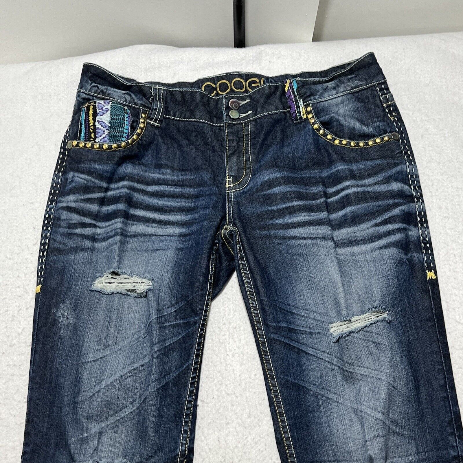 Coogi COOGI Straight Leg Rip Distressed Jeans Embroidery Studded Size 36" / US 14 / IT 50 - 2 Thumbnail
