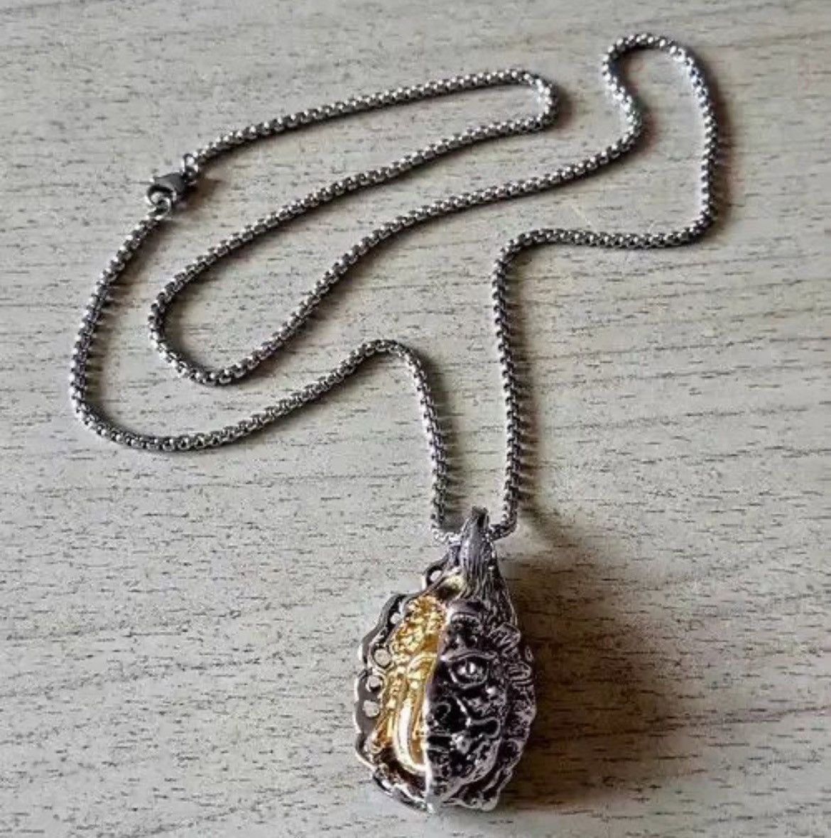 Designer × Japanese Brand Punk Rare Carved Dual Buddha Stainless Steel Silver Necklace Size ONE SIZE - 2 Thumbnail