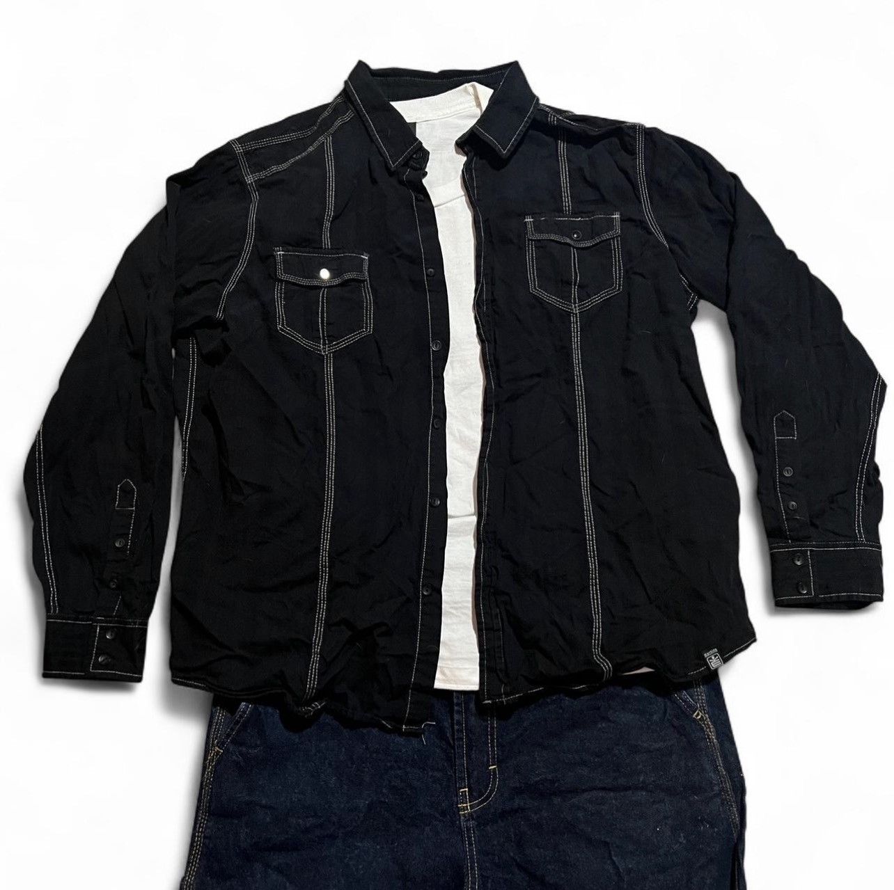 Other Black Machine embroidered button up shirt contrast stitching Size US XXL / EU 58 / 5 - 2 Thumbnail