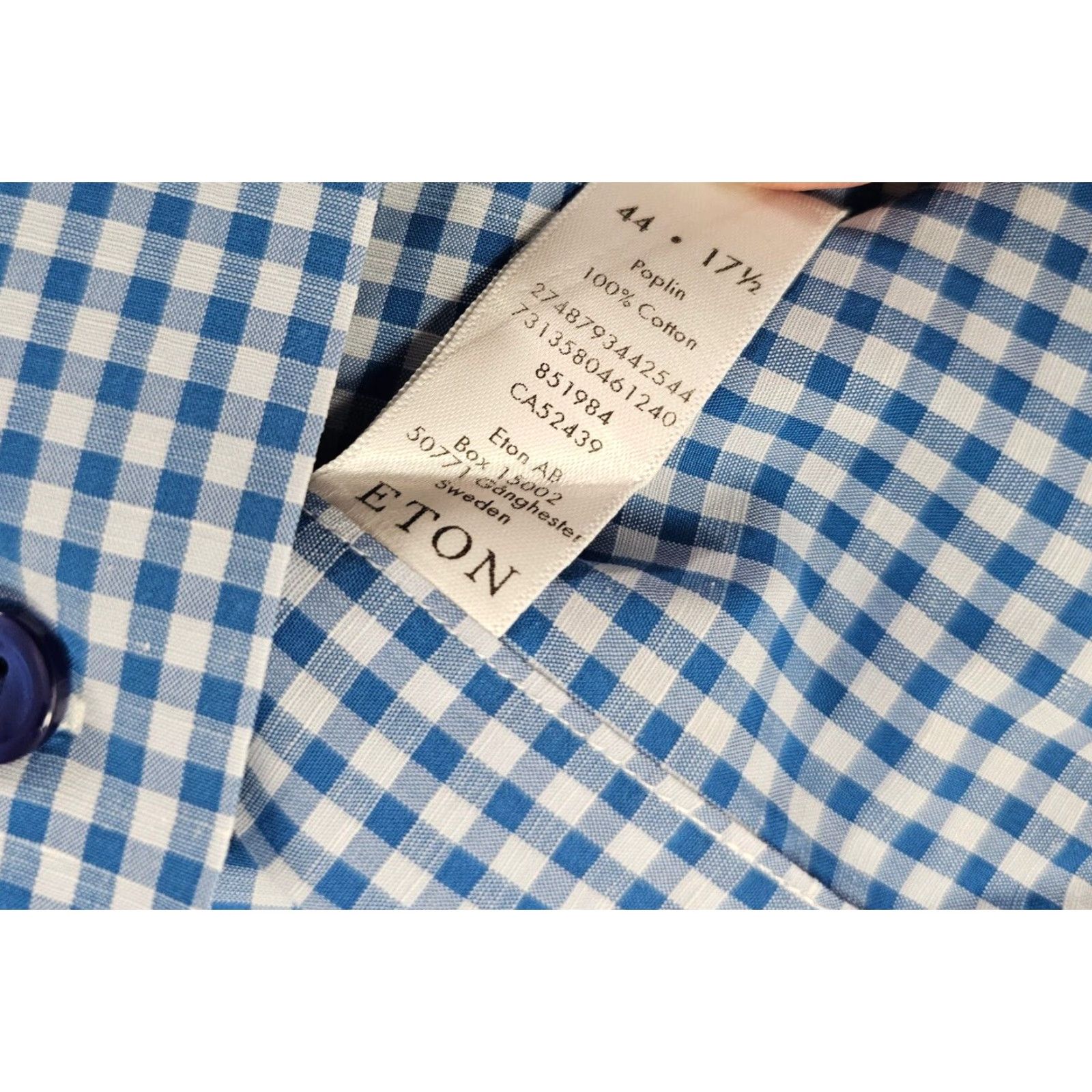 Eton Eton Dress Shirt Mens XL Blue Gingham Poplin Cotton Button Up - 17.5 Neck - 44 17.5 Contemporary Slimming Non-Iron Wrinkle Resistant Easy Care Size 46R - 5 Thumbnail