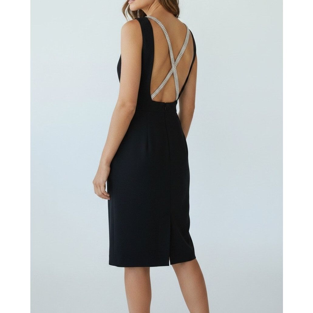Vintage 80s Black Cocktail Dress Rhinestone Open Back Party, Women's (Size Xs)