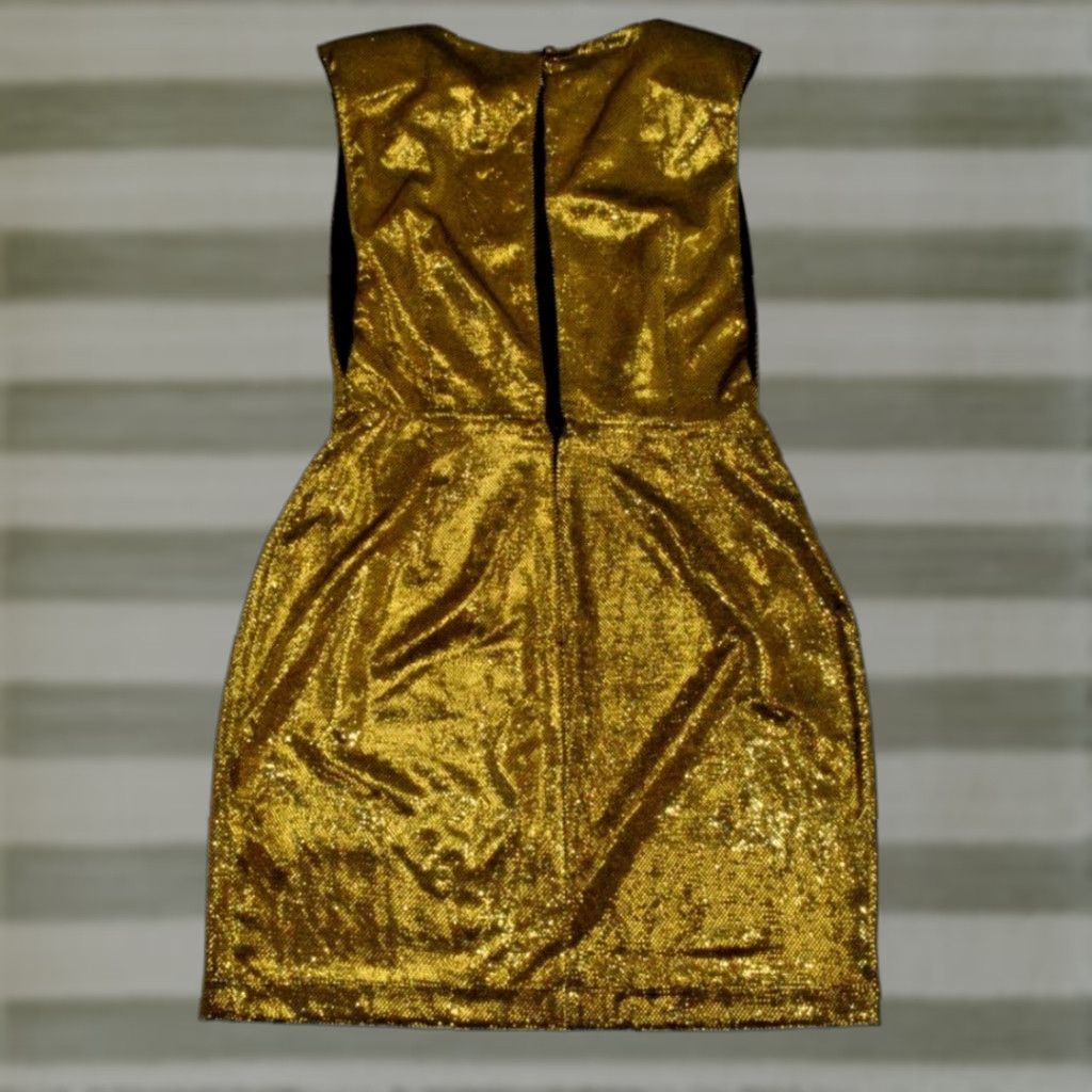 ASOS Sleeveless Dress Mini Gold Metallic Knit Bodice Sequin Side Slit Open Sided Fitted 6 Womens Dress Goldilocks Vintage No N/A
