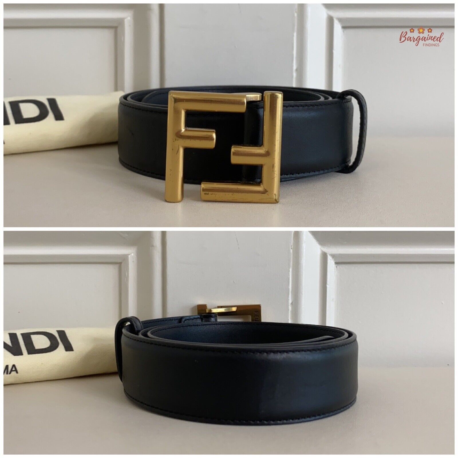 Fendi Fendi Black Calfskin Leather Gold FF Buckle Belt Size 30 - 8 Thumbnail