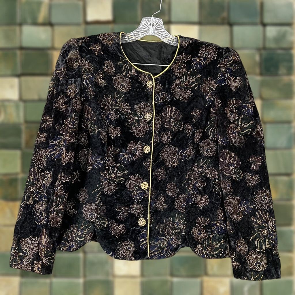 Velvet Vintage R&K Evening Shoulder Padded Women’s S Blazer Jacket Velvet Floral Black Size S / US 4 / IT 40 - 1 Thumbnail