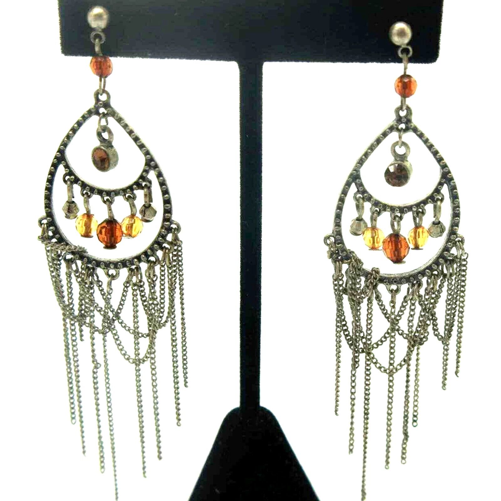 Other Honey-Colored Bead Silvertone Tassel Earrings • 3-1/2" Long Size ONE SIZE - 1 Thumbnail